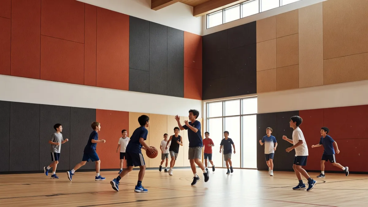 Aula de Educação Física em que as instruções se perdem no ruído do pavilhão desportivo