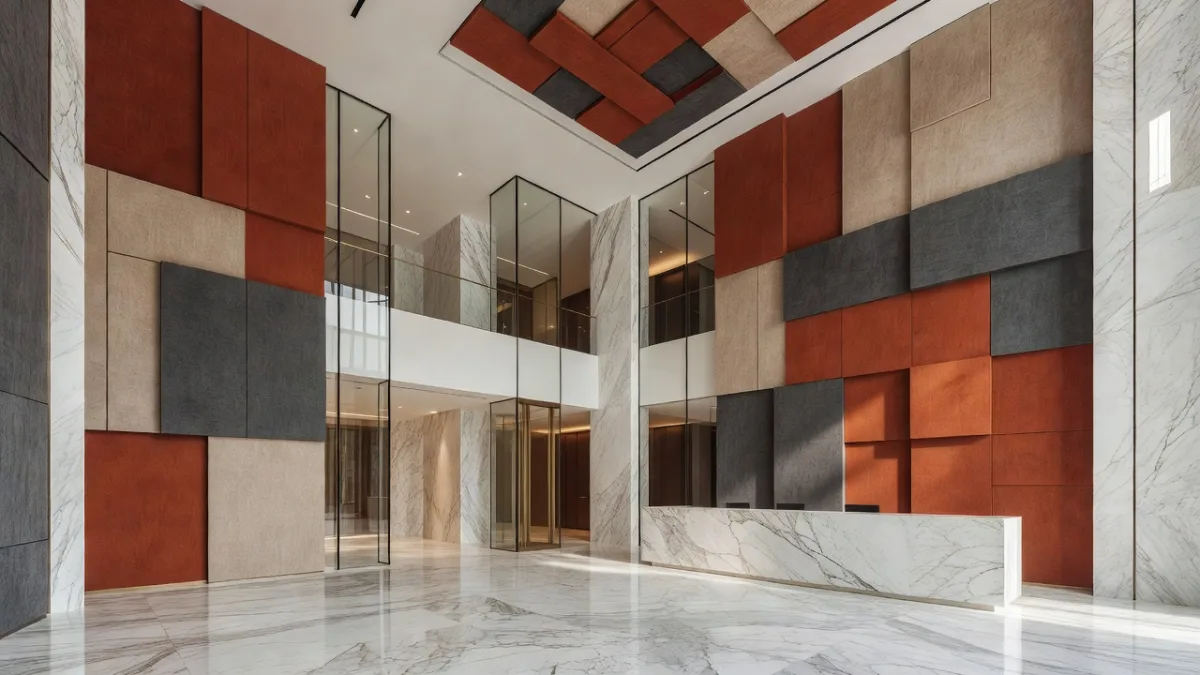 Marble and glass hotel lobby where sound echoes