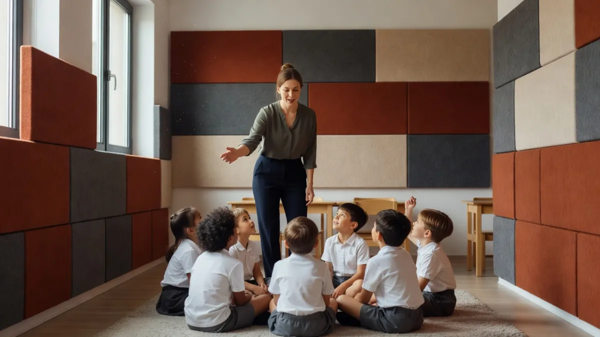 Teacher straining her voice in front of a noisy class