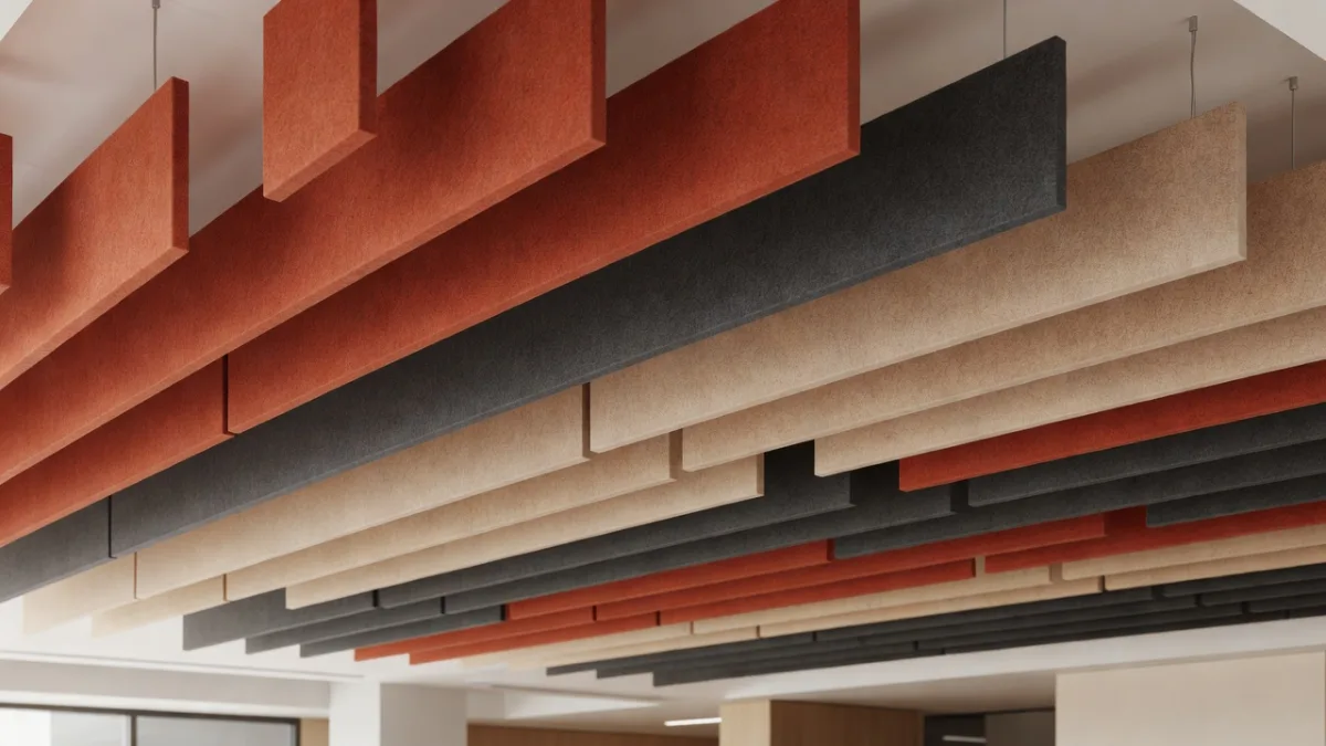 Acoustic baffles on the ceiling of a treated office floor
