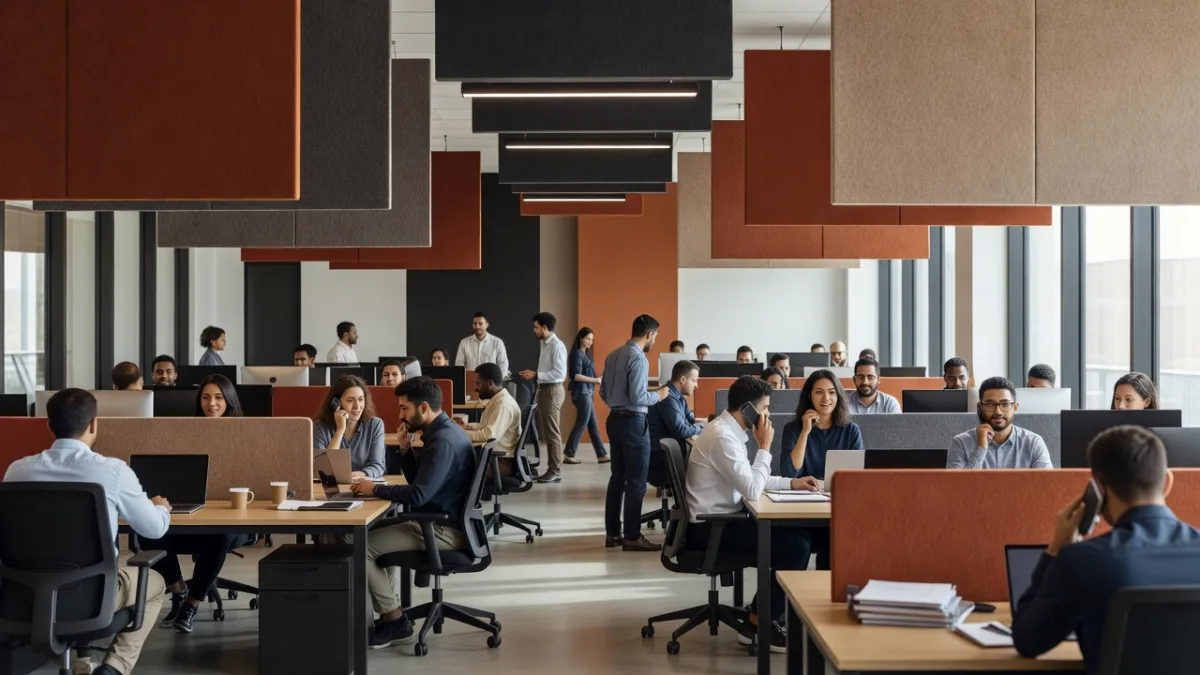 Noisy open plan office with conversations and calls among the desks