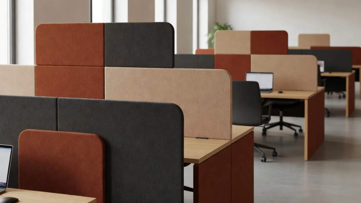 Acoustic desk screens between workstations in an open plan office