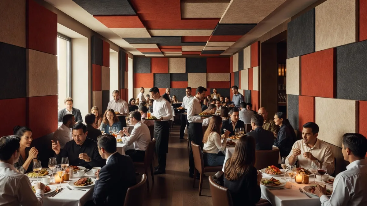 Busy restaurant dining room where the sound level reaches 80 dB(A)