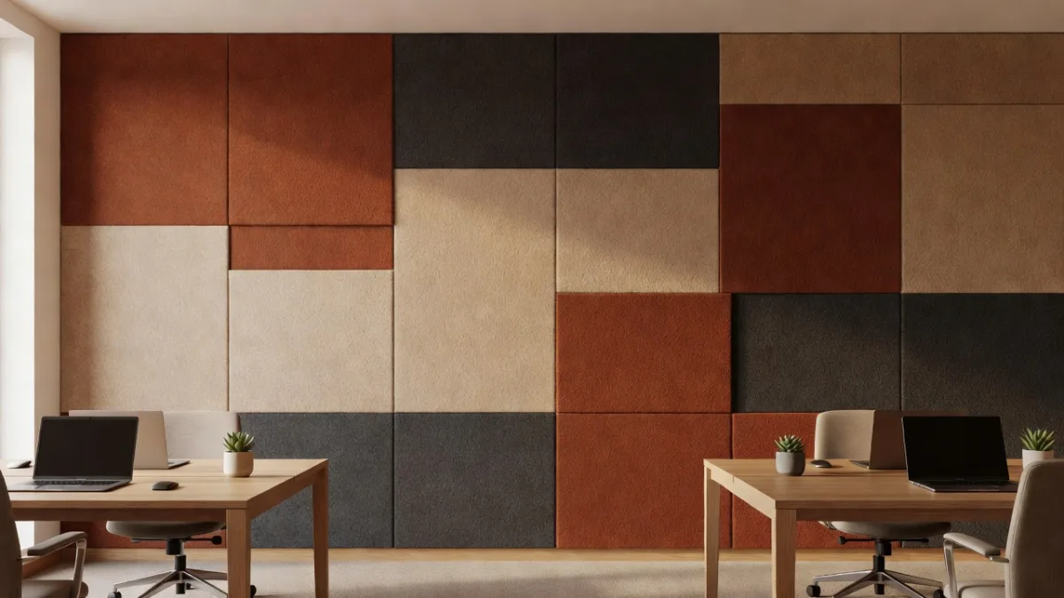 Wall-mounted acoustic panels reducing the sound level in an office