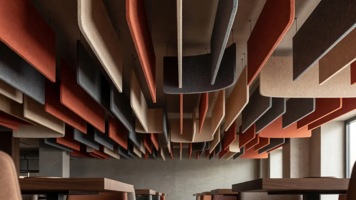 Ceiling treated with absorbent acoustic panels above the tables