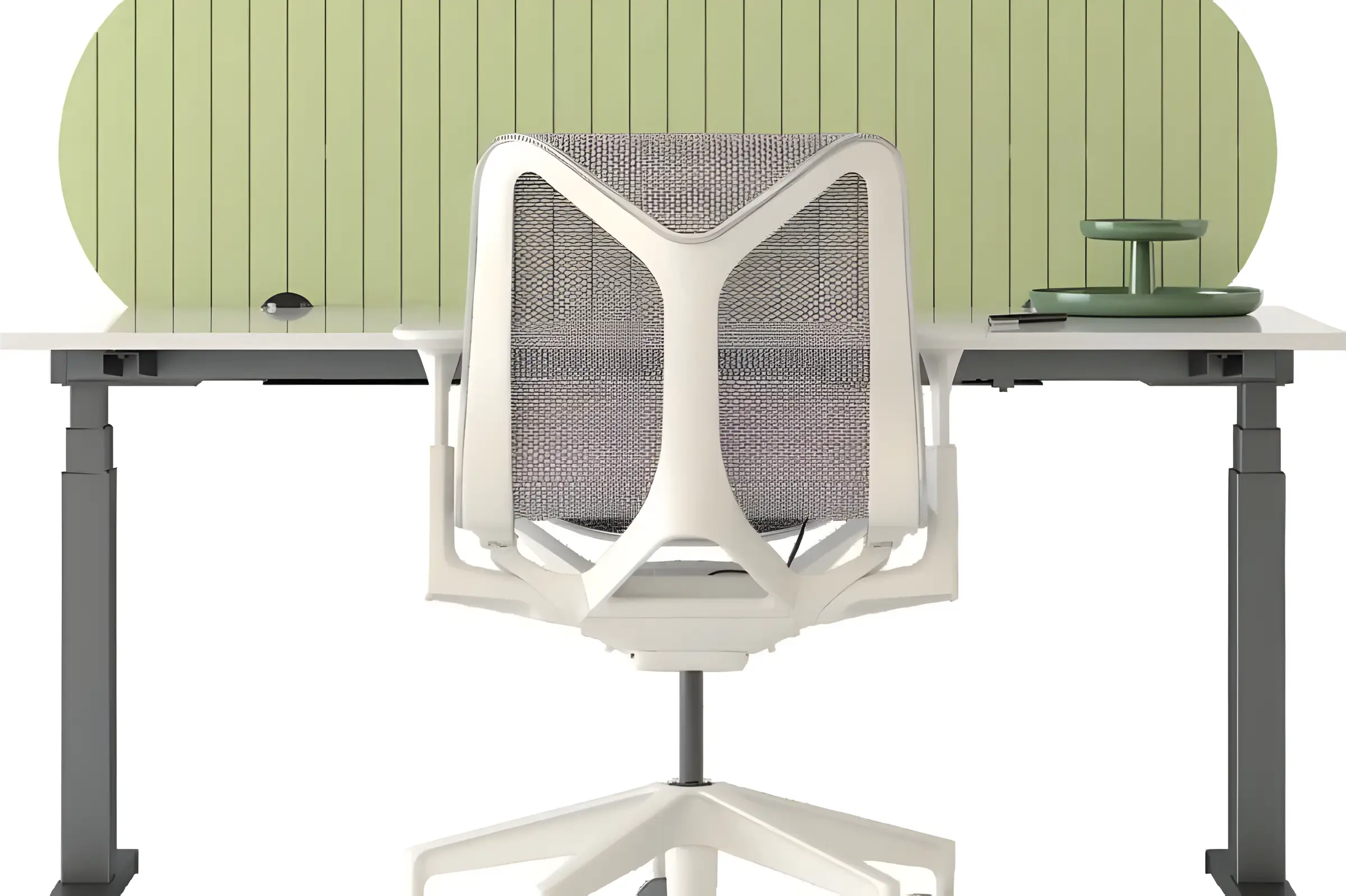 Light green acoustic desk screen mounted on a workstation