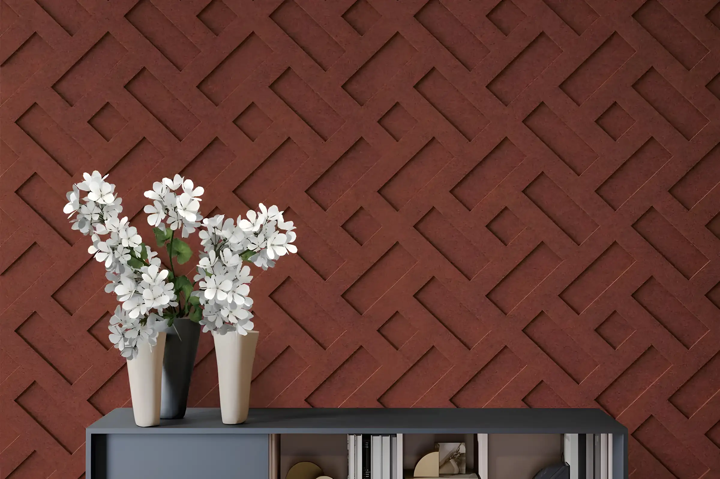 Terracotta embossed acoustic panel with a woven relief pattern