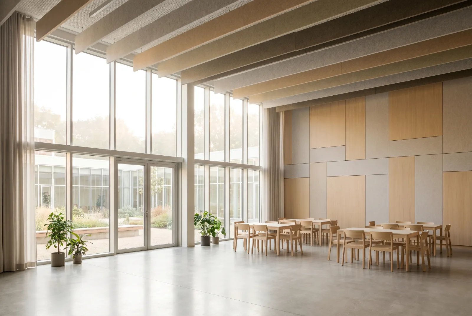 Salle ERP avec correction acoustique conforme aux normes feu