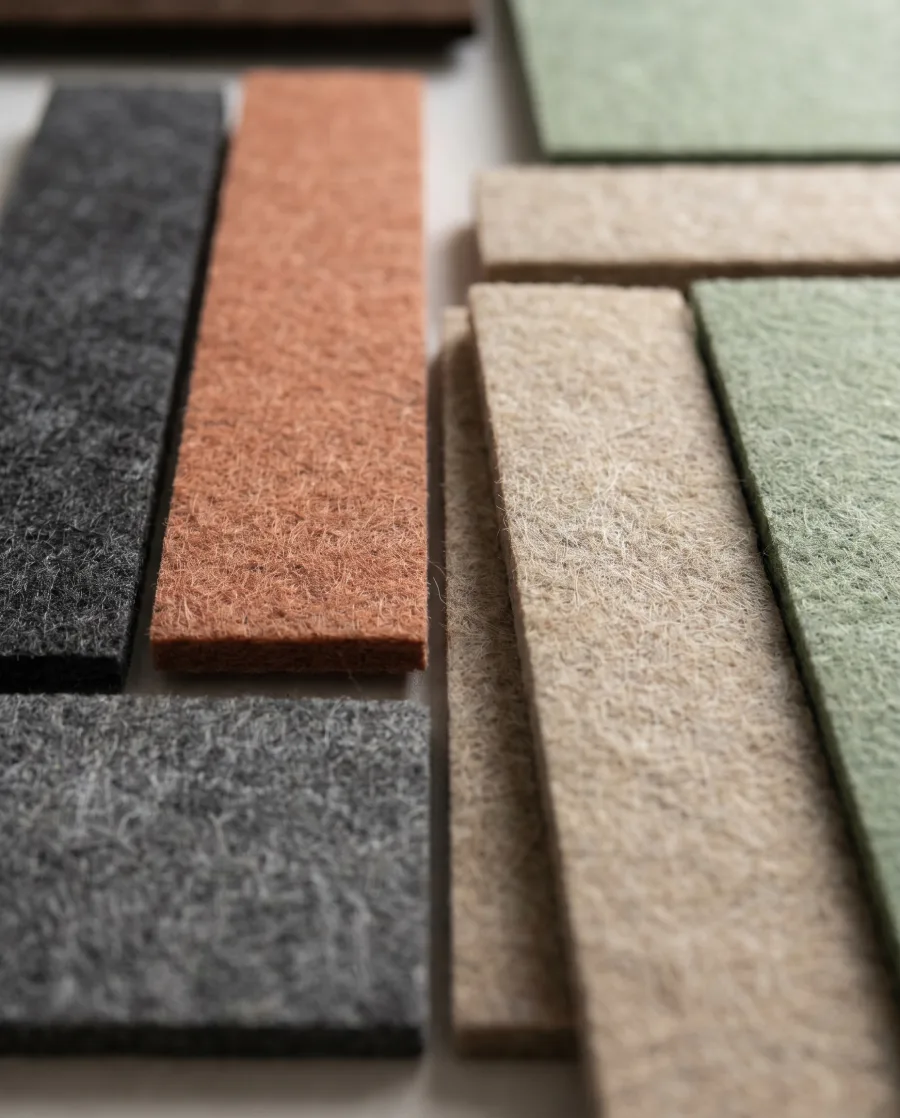 Détail de la surface fibreuse mate d’un panneau acoustique en feutre imprimé