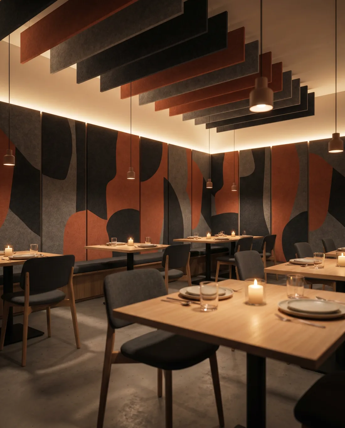 Restaurant au confort acoustique soigné : panneaux acoustiques en feutre imprimés au mur et baffles suspendus au plafond